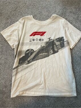 Hybrid & company White Tee with Black Racing Car and Red F1 Logo
